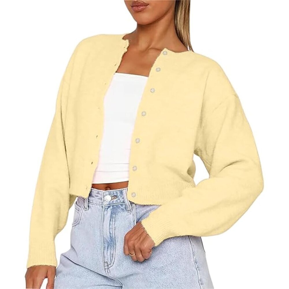 Y2K Cropped Cardigan Sweater Women Light Knitted Jacket Crew Neck